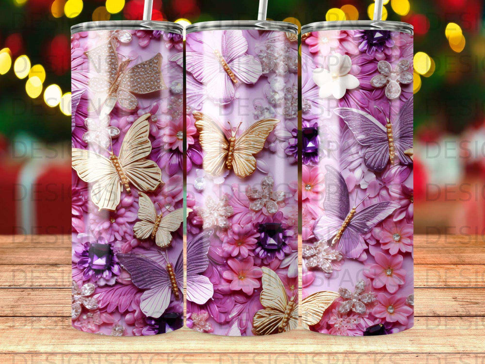 Purple and pink floral and butterfly pattern on a skinny tumbler.