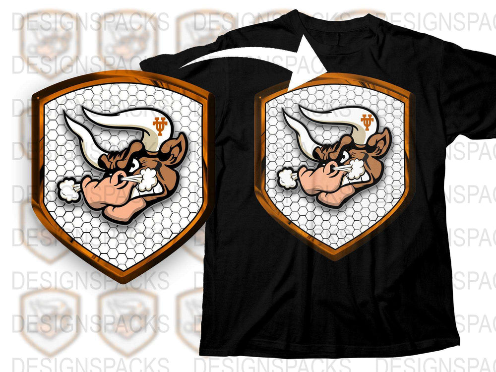 Bull Mascot Graphic T-Shirt, Honeycomb Background, Sports Team Tee, Black Casual Shirt for Fans