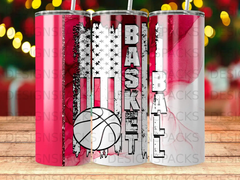 Tumbler with American flag basketball graphic and "BASKETBALL" text.