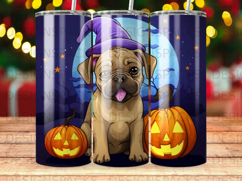Cute pug in witch hat with pumpkins against starry night background.