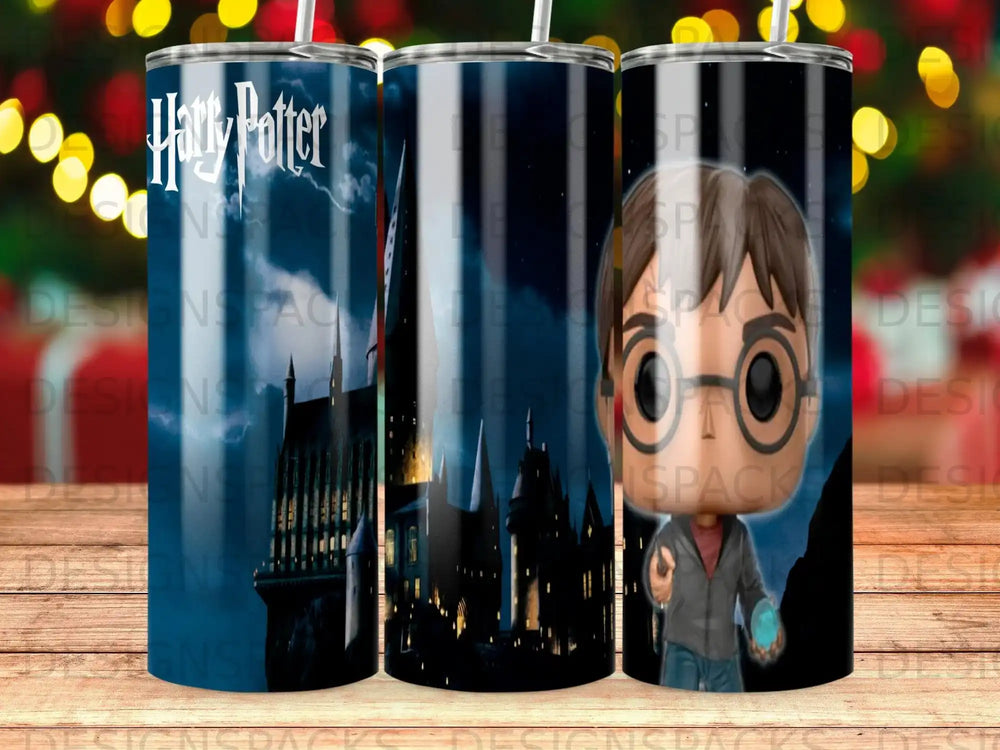 Harry Potter character on a tumbler with Hogwarts castle background.