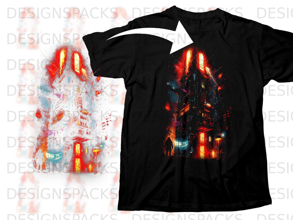 Black t-shirt featuring a dark, vibrant cityscape with glowing buildings and a lone figure.
