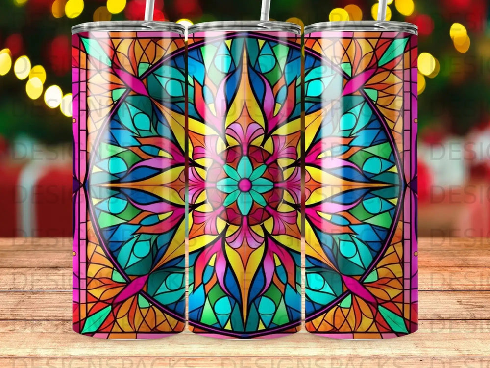 Colorful stained glass tumbler with floral mandala design.