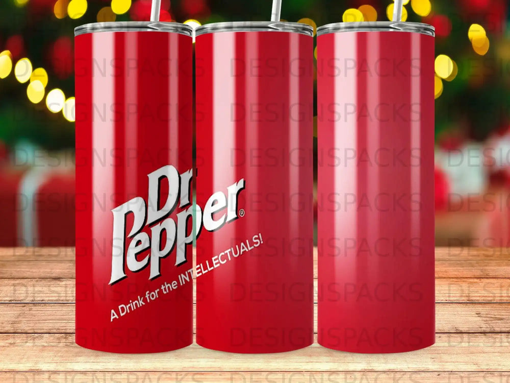 Dr Pepper tumbler with red background and white logo.