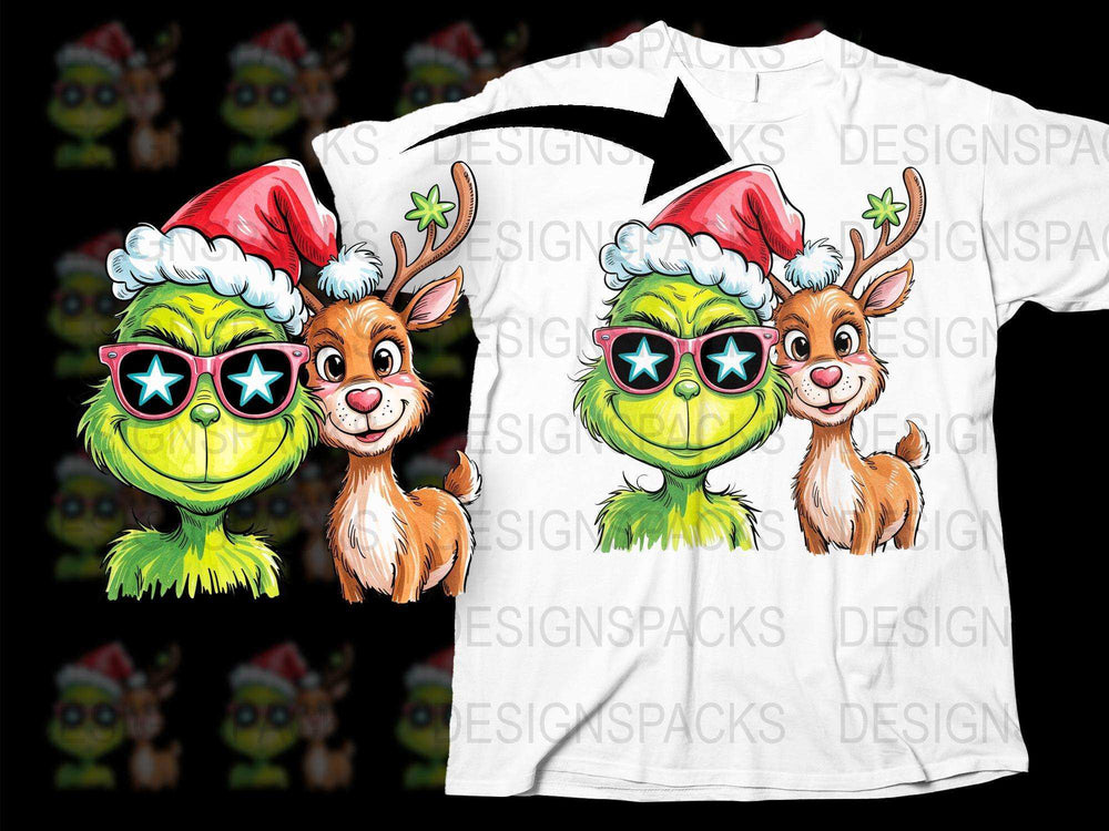 Festive Christmas T-Shirt, Cute Reindeer and Grinch Cartoon, Holiday Tee for Kids and Adults, Colorful Graphic Shirt