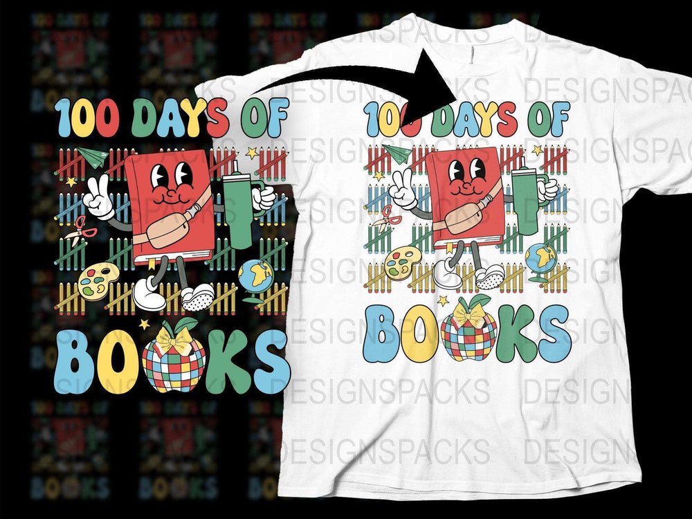 100 Days of Books T-Shirt, Colorful Reading Celebration Tee, Teacher and Student Apparel, Book Lover Gift, Fun Educational Graphic Shirt