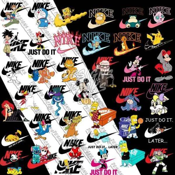Nike-themed designs with cartoon characters, logos, and 'Just Do It' text for DTF/DTG and embroidery