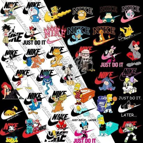 Nike-themed designs with cartoon characters, logos, and 'Just Do It' text for DTF/DTG and embroidery