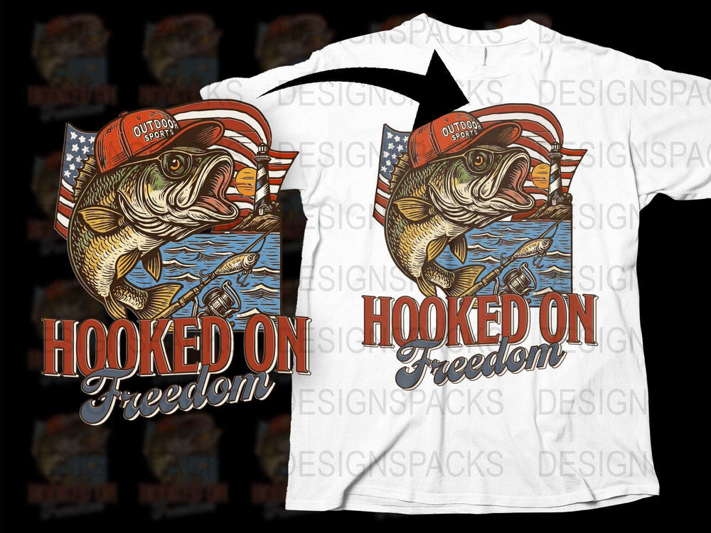 Patriotic Fishing T-Shirt Hooked on Freedom Bass Fish USA Flag Design Outdoor Sports Tee