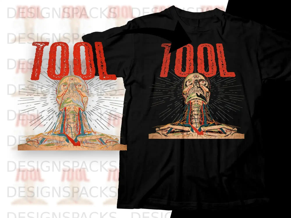 Black t-shirt with distressed red "TOOL" logo and anatomical head graphic.