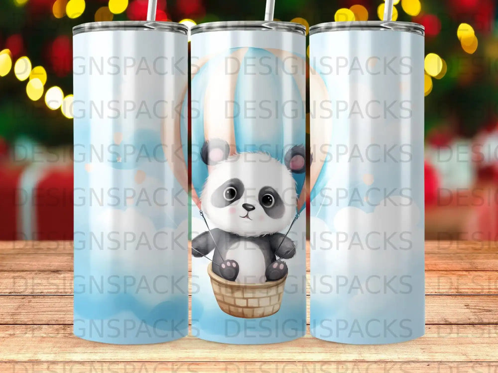 Panda in basket hanging from hot air balloon, on tumbler mockup.