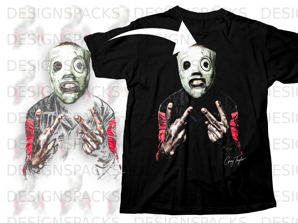 Black t-shirt with artwork of Corey Taylor wearing a mask and holding up fingers.