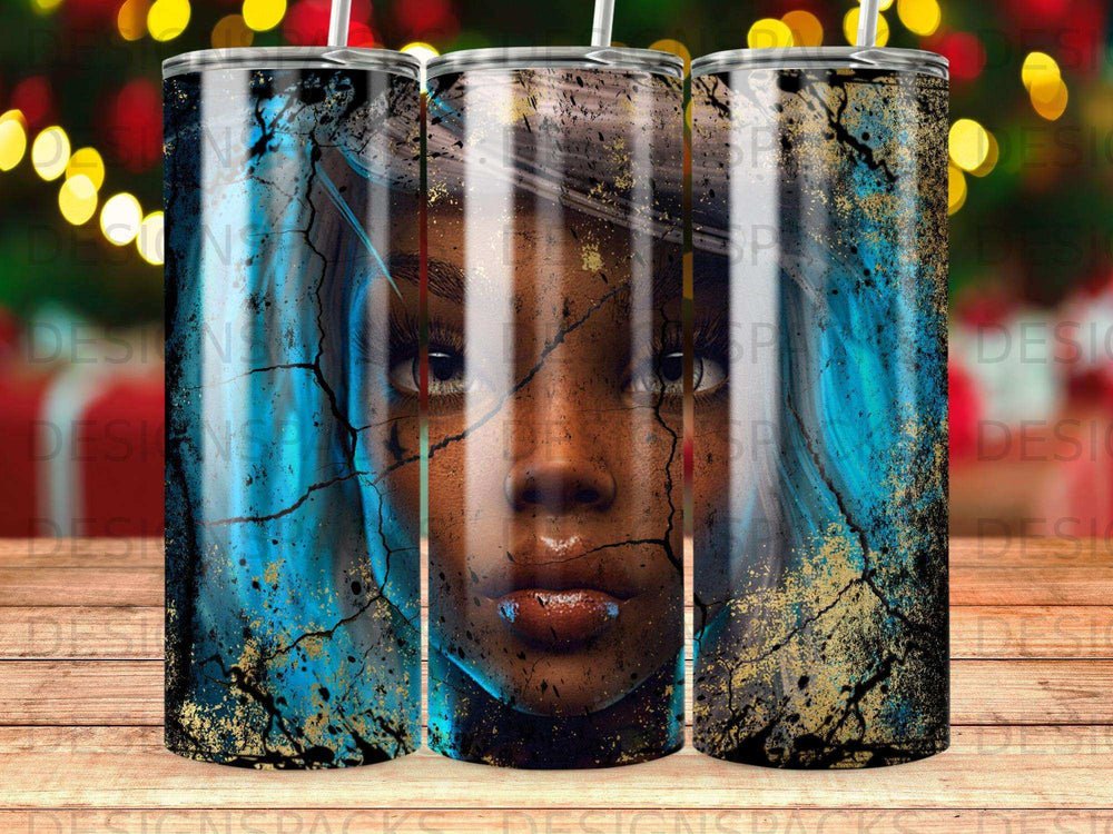 Woman's face with cracked texture and golden accents, digital art.