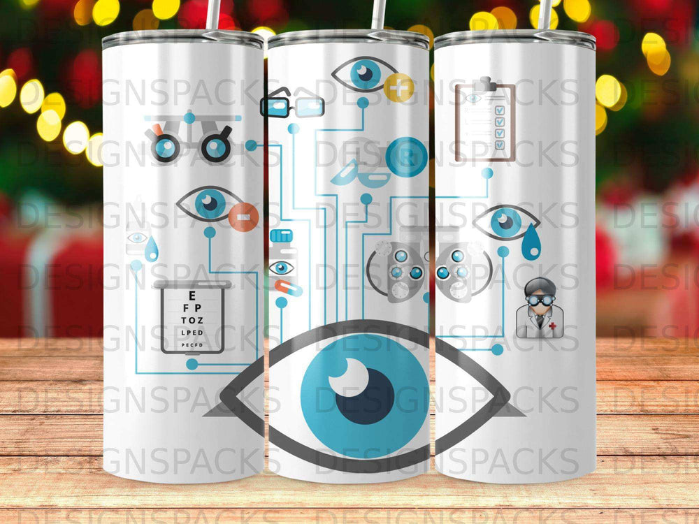 Blue eye design on a white tumbler with eye chart and medical icons.