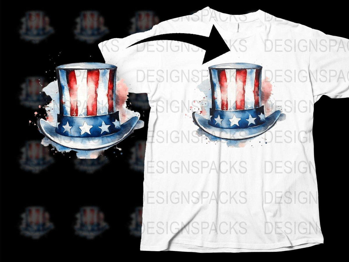 Patriotic Top Hat T-Shirt, American Flag Design, Independence Day Apparel, Watercolor Graphic Tee for Men and Women