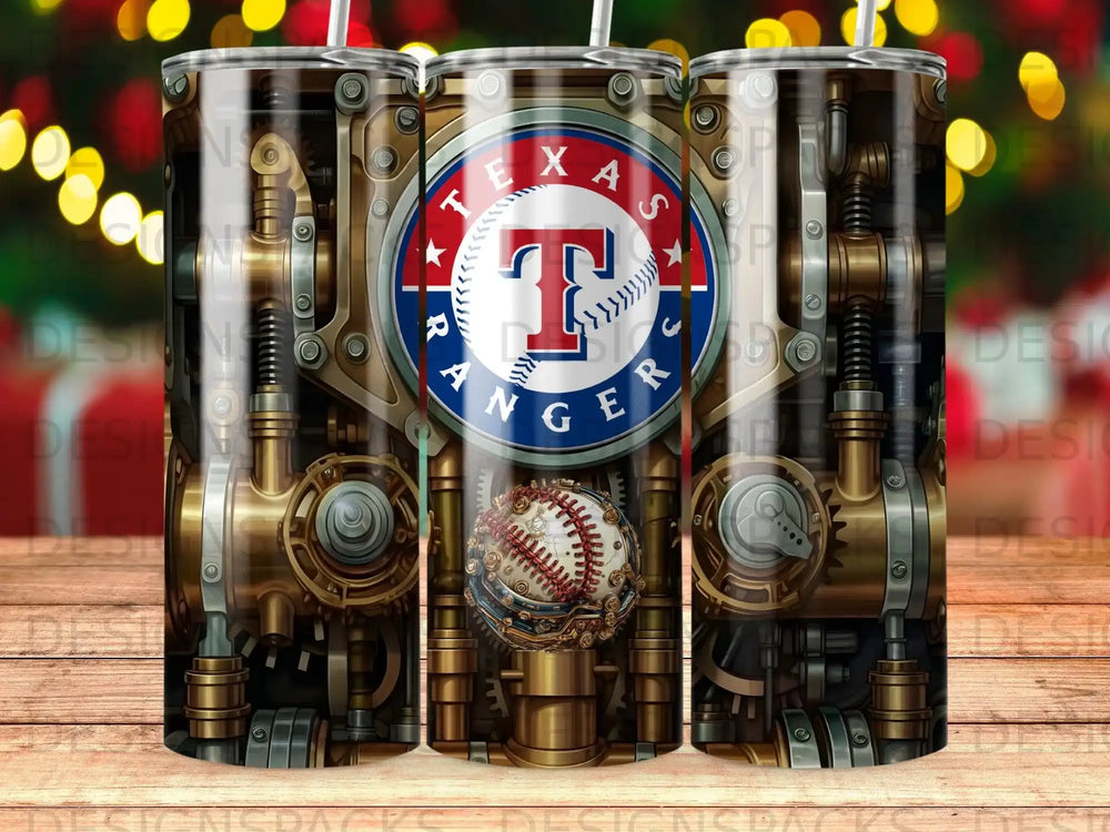 Texas Rangers baseball logo with gears and steam punk elements on a tumbler.