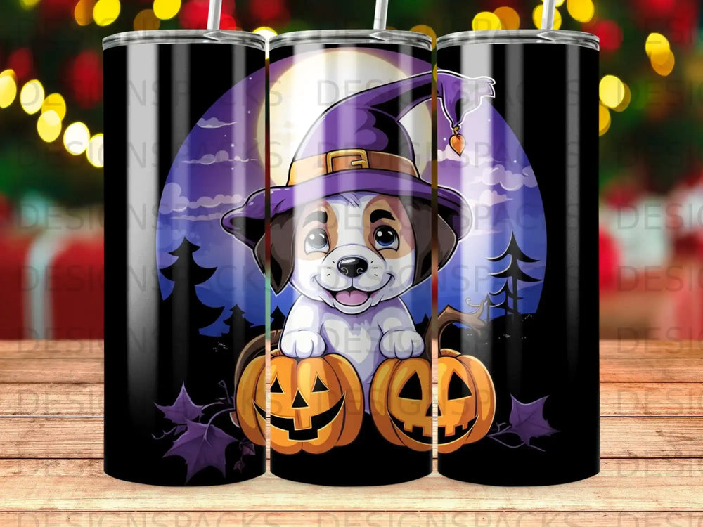 Cartoon puppy in witch hat with pumpkins and Halloween background.