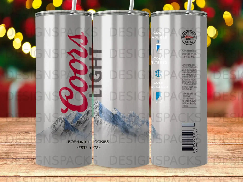 Coors Light aluminum tumbler with mountain scene and "Born in the Rockies" text.