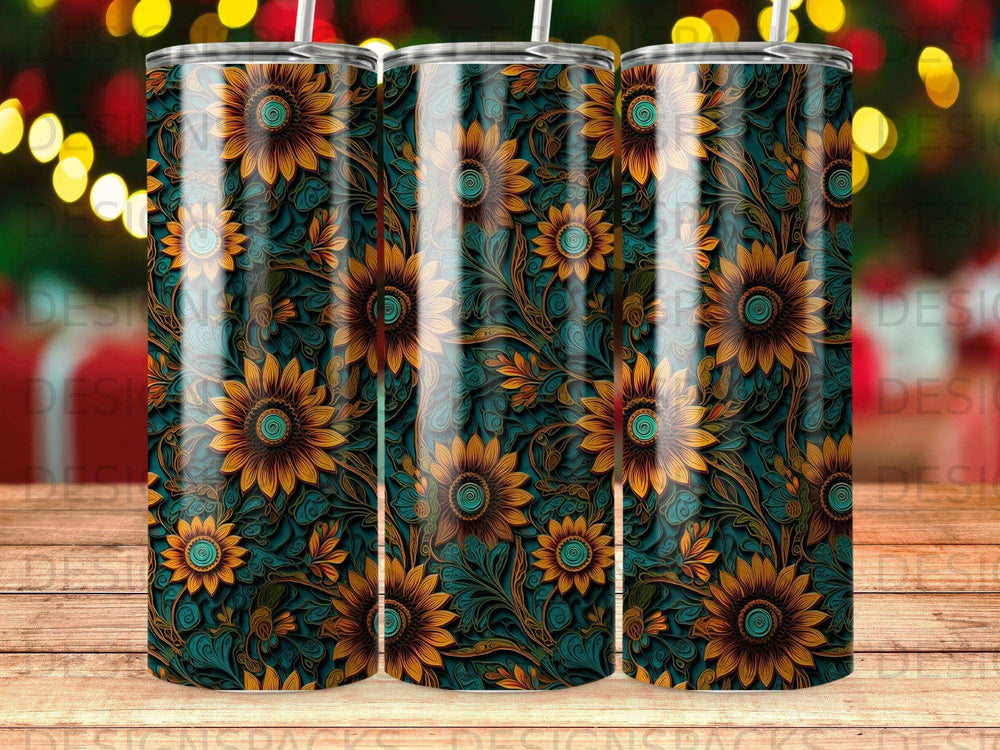 Pattern of sunflowers with dark green leaves and teal accents.