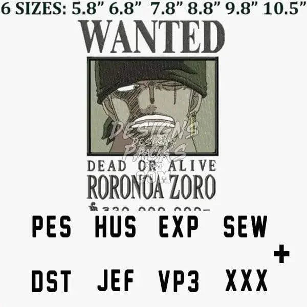 Zoro Wanted One Piece Anime Embroidery Design