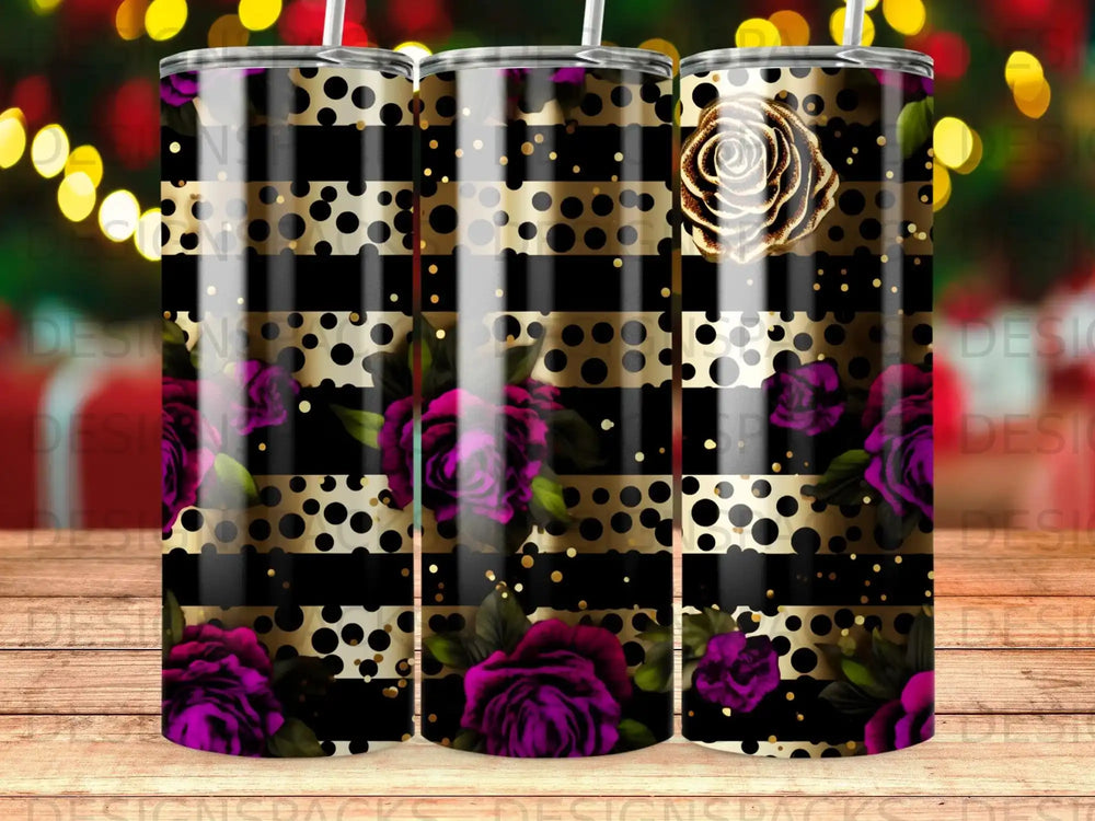 Gold and black striped tumbler with purple roses and glitter accents.