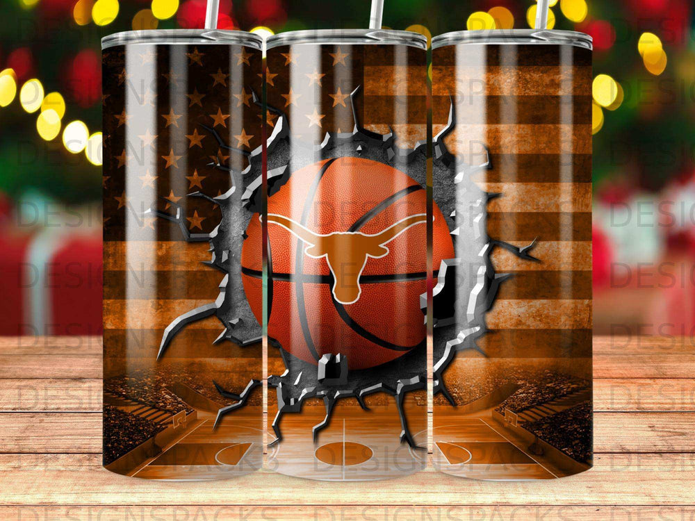 Basketball with Texas Longhorns logo on orange and black striped background.
