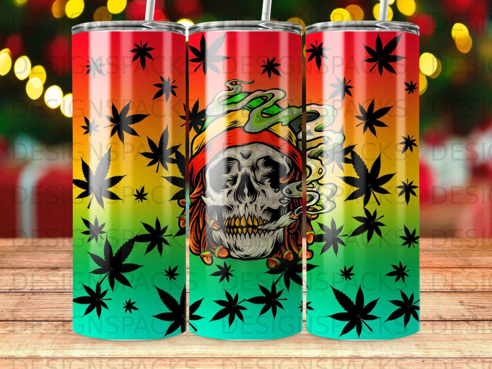 Skull with marijuana leaf and smoke design on a gradient tumbler.