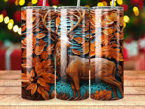 Deer and autumn leaves on a textured blue background.