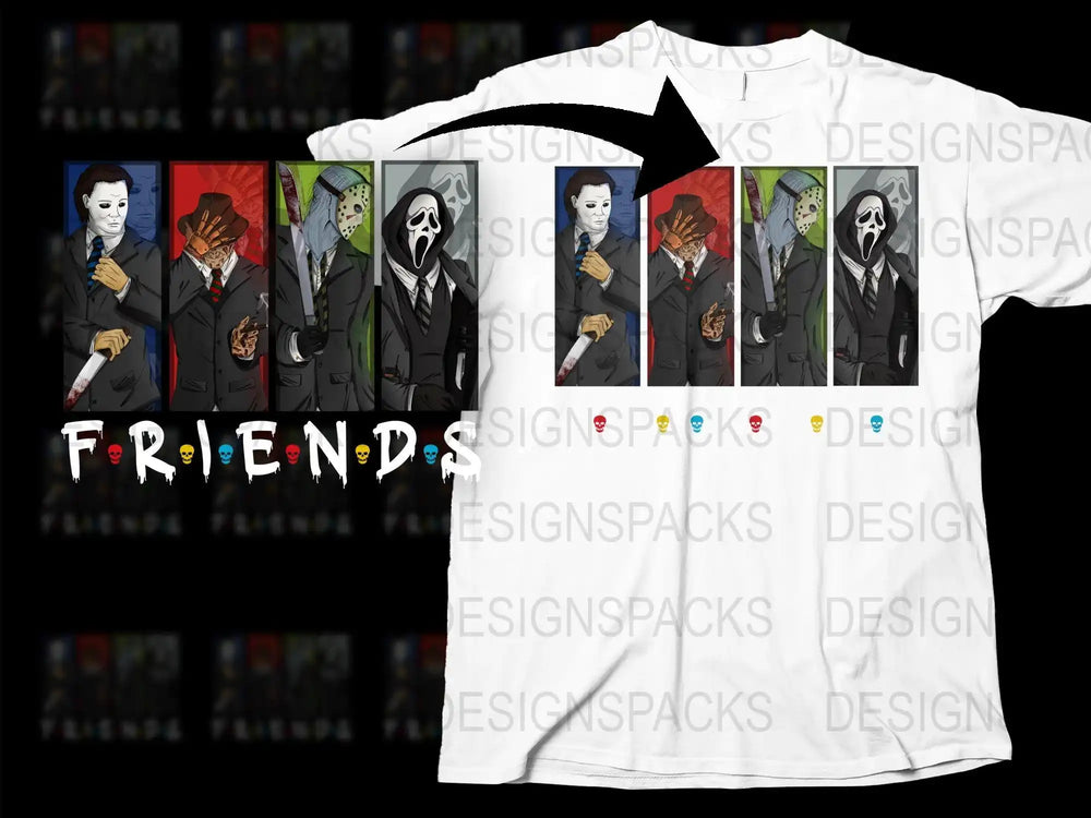 Horror Movie Characters Friends Parody T-Shirt, Funny Scary Movies Mashup Tee, Unisex Horror Film Shirt