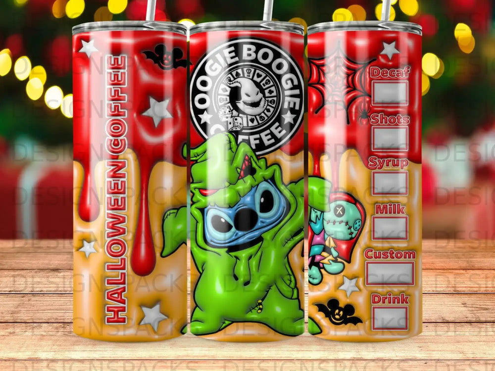 Halloween Coffee tumbler with Stitch as Frankenstein, menu items, and bat designs.