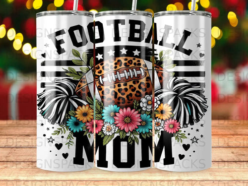 Football Mom tumbler with flowers and a football.