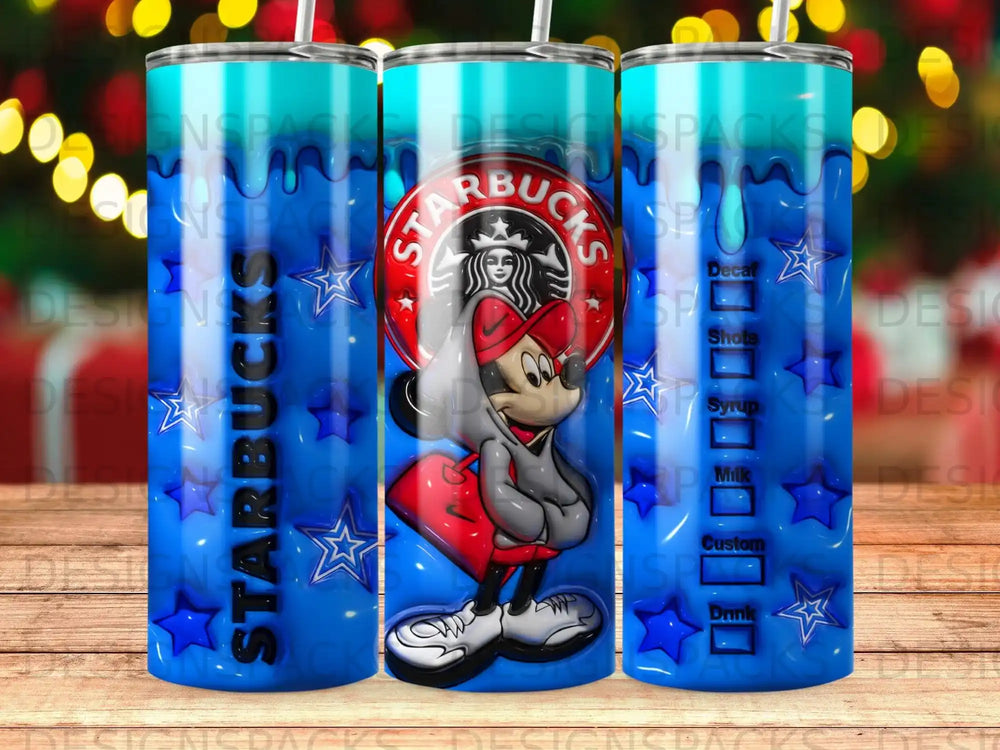 Starbucks tumbler featuring Mickey Mouse and coffee drink options.