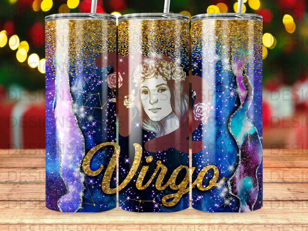 Virgo constellation tumbler with glitter and celestial accents.