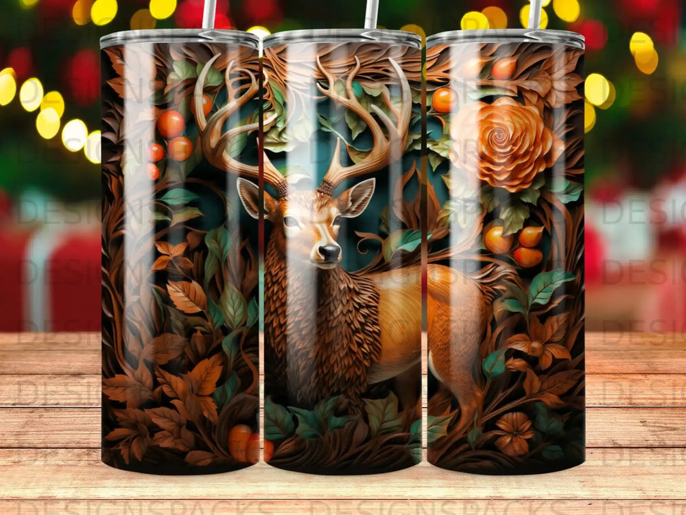 Deer in lush forest with orange roses and dark leaves.