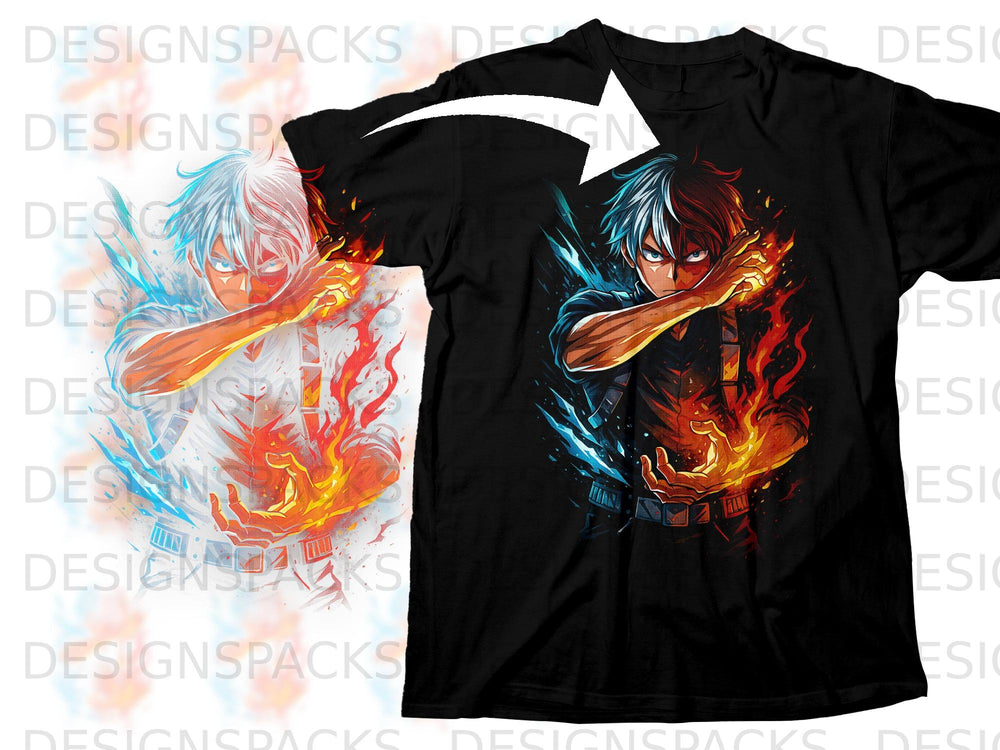 Black t-shirt featuring anime character with half fire and half ice powers.