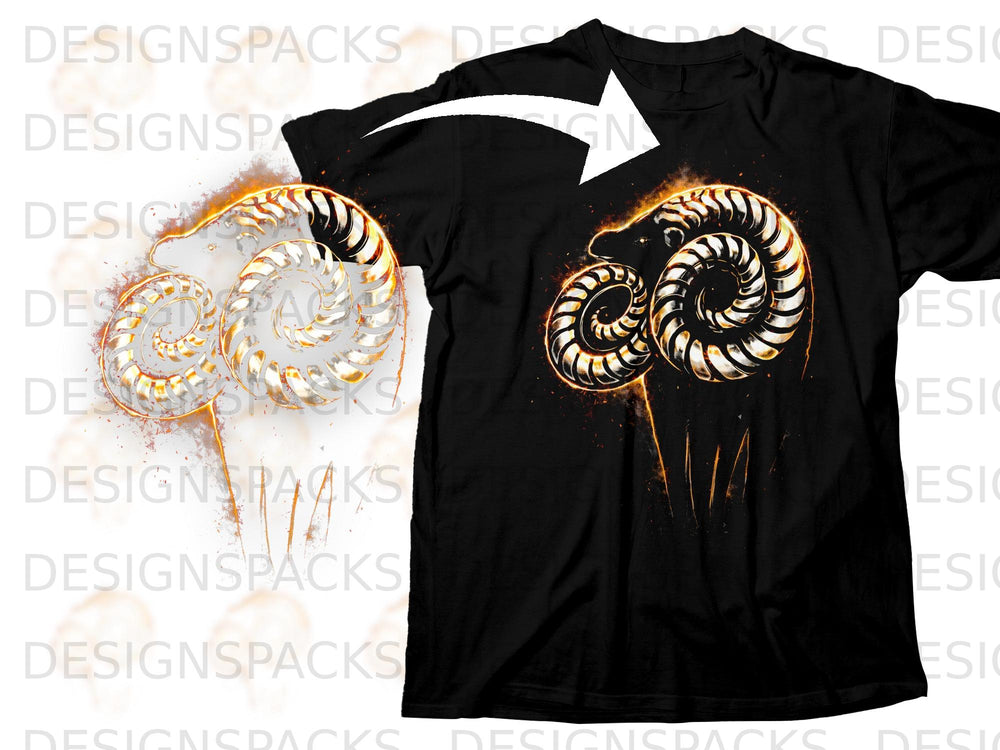 Black t-shirt with a flaming ram skull graphic on the front.