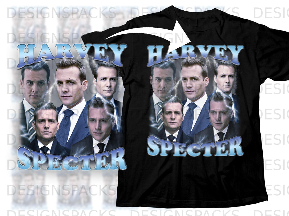 Black t-shirt with "HARVEY" and "SPECTER" text featuring cast of Suits.