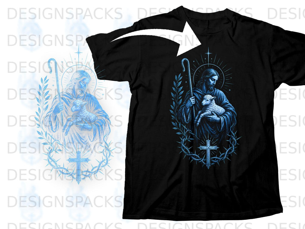 Black t-shirt with blue graphic of Jesus holding a lamb and a shepherd's crook.