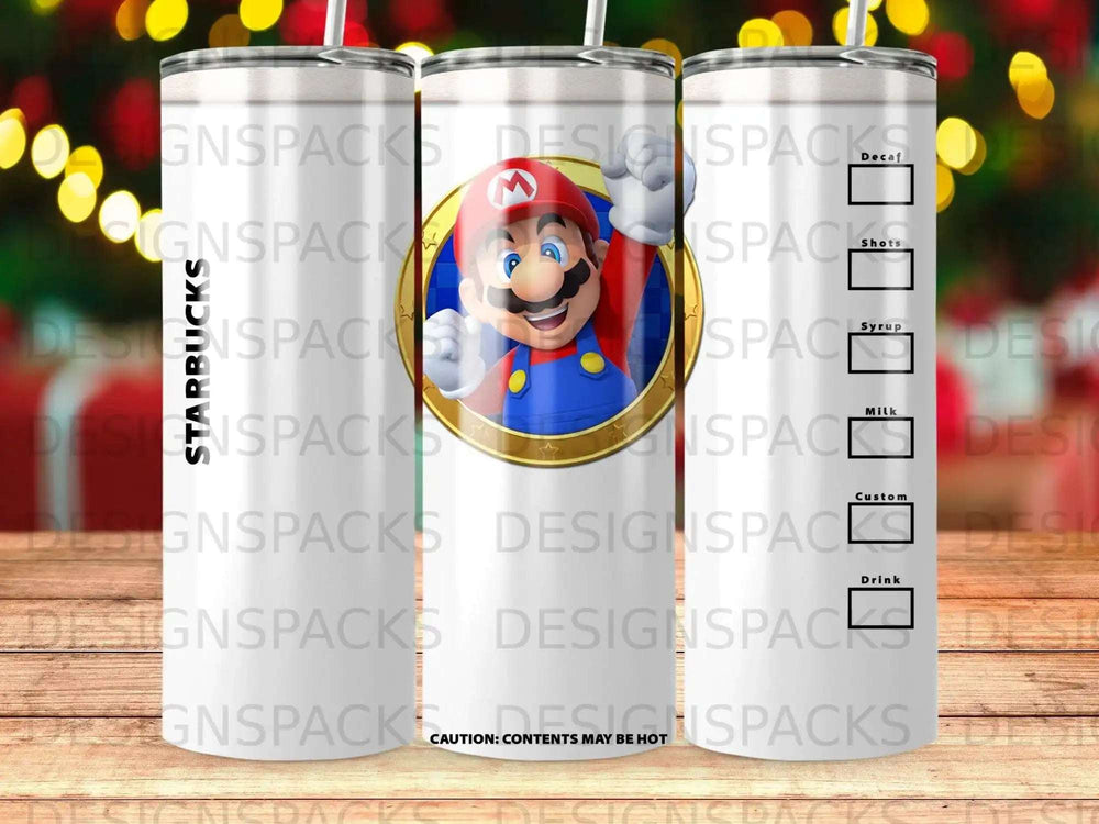 Mario character on a Starbucks-themed tumbler with drink ingredient labels.