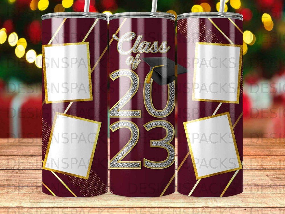 Maroon tumbler with "Class of 2023" text and graduation cap design.