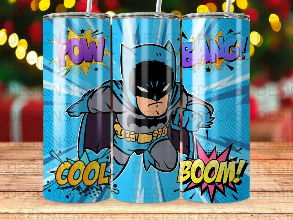 Batman in comic book style, with "POW!", "BANG!", and "BOOM!" sound effects.