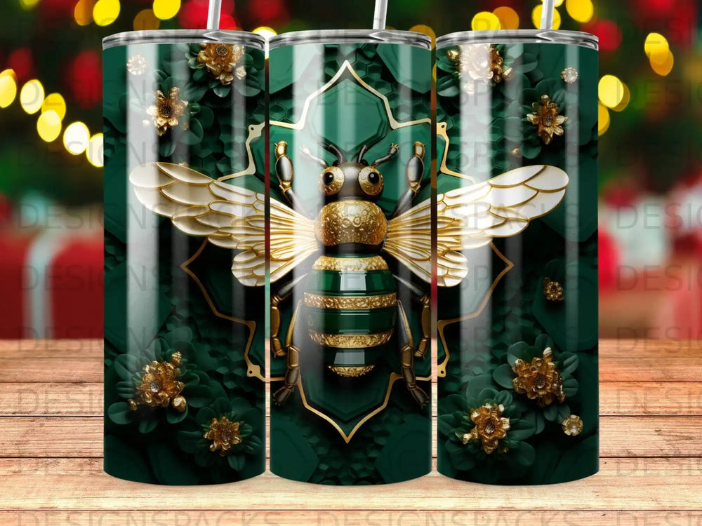 Green tumbler with a detailed golden bee and floral accents.