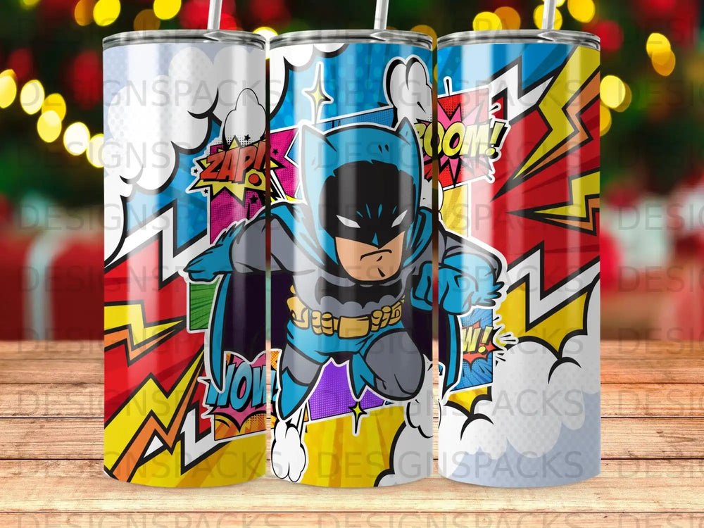 Batman in a dynamic comic book style, running on a tumbler.