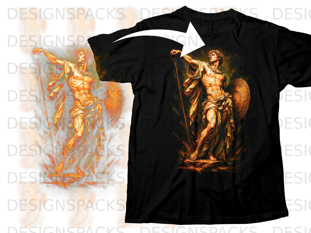 Black t-shirt featuring a muscular warrior with a laurel wreath and shield.