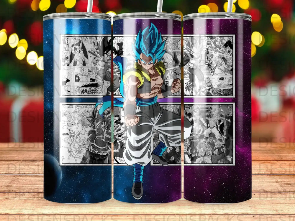 Gogeta in Super Saiyan Blue pose with Dragon Ball manga panels and starry background.