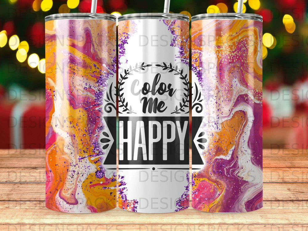 Tumbler with "Color Me Happy" text and vibrant purple, pink, and orange marbled design.