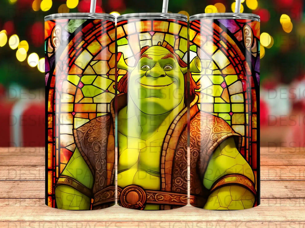Shrek character in stained glass window design on a tumbler.