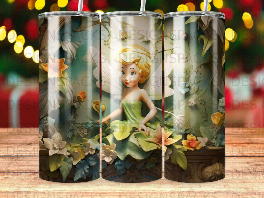 Fairy Tinkerbell surrounded by lush green foliage and yellow flowers.