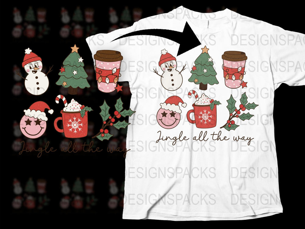 Christmas T-Shirt Jingle All The Way Holiday Graphic Tee with Festive Snowman, Trees and Hot Cocoa Designs