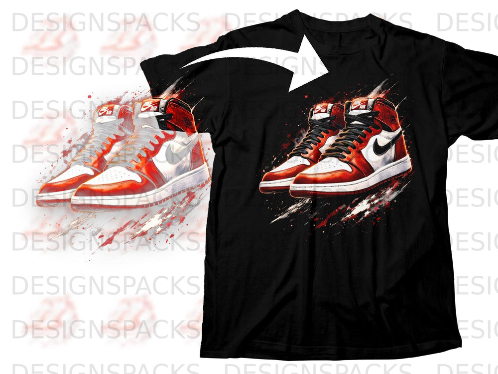 Black t-shirt featuring a graphic of red and white athletic shoes.